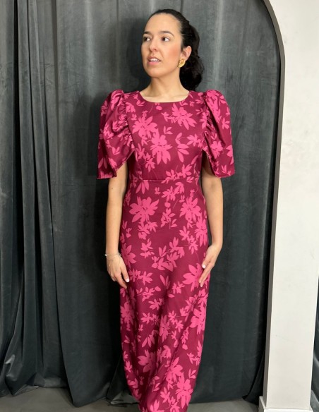 Vestido de invitada midi estampado con manga abullonada