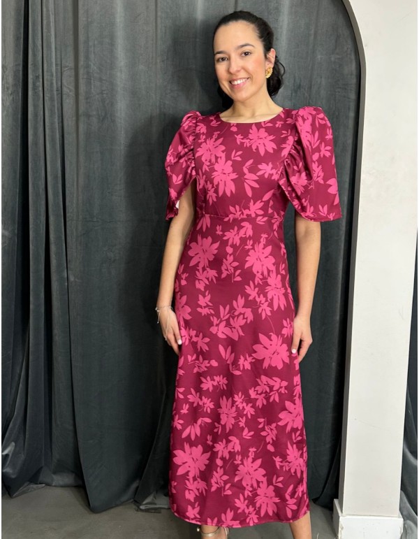 Vestido de invitada midi estampado con manga abullonada