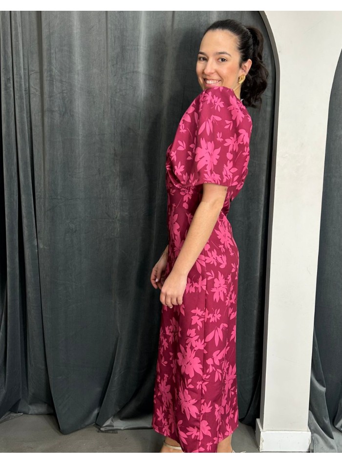 Vestido de invitada midi estampada con manga abullonada buganvilla