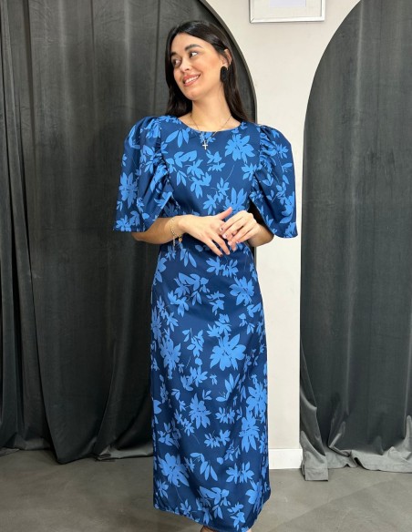Vestido de invitada midi estampado con manga abullonada