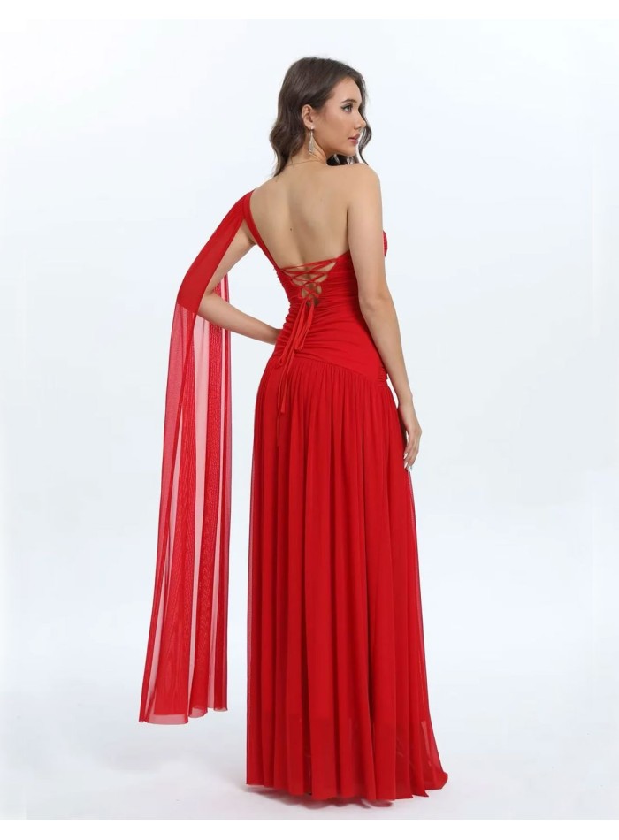 Long gown with draped bodice and cape sleeves