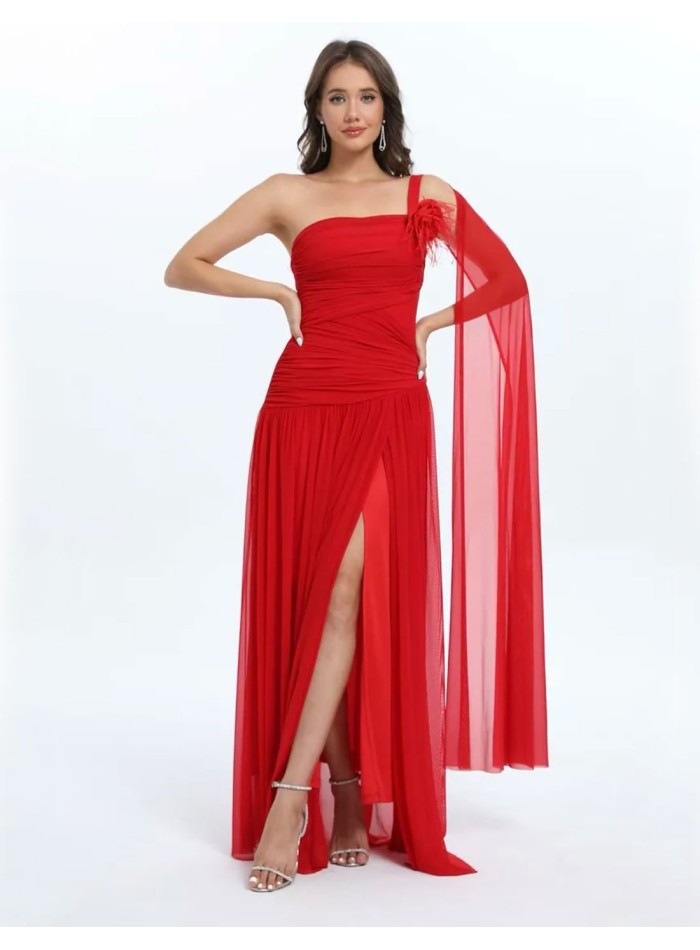 Long gown with draped bodice and cape sleeves