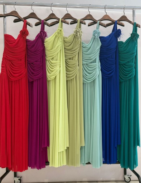 Long gown with draped bodice and cape sleeves