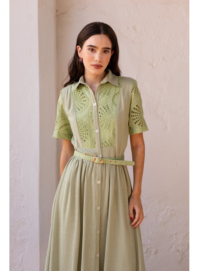 Green short sleeve midi guest dress