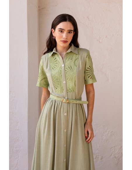 Green short sleeve midi guest dress
