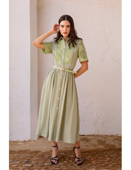 Green short sleeve midi guest dress