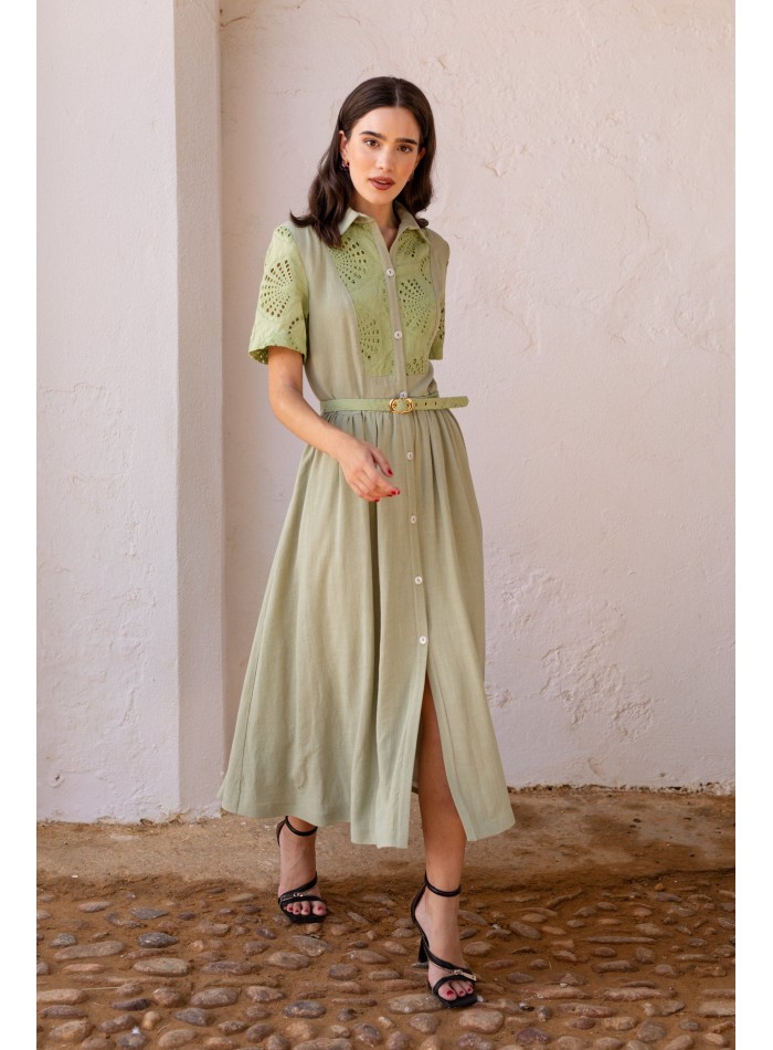 Green short sleeve midi guest dress