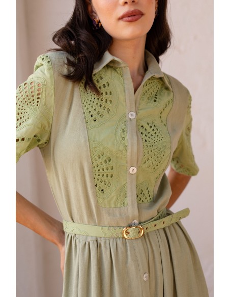 Green short sleeve midi guest dress
