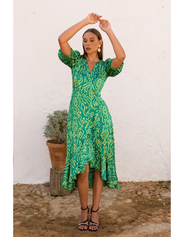 Green geometric print midi dress