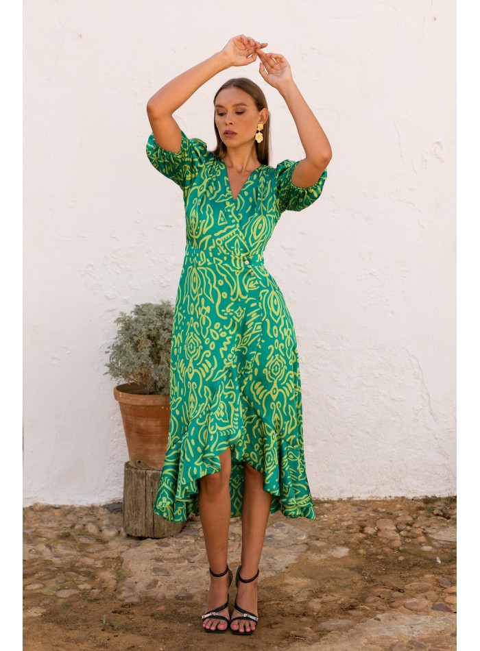 Robe midi à imprimé géométrique vert