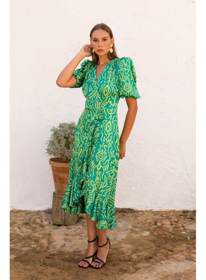 Green geometric print midi dress