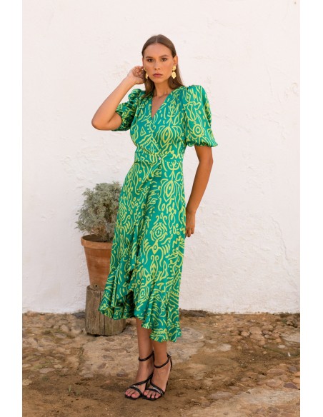 Vestido midi de estampado geométrico verde para bautizos