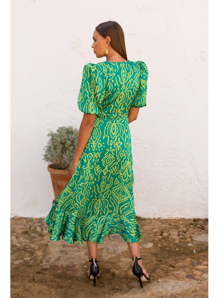 Robe midi à imprimé géométrique vert