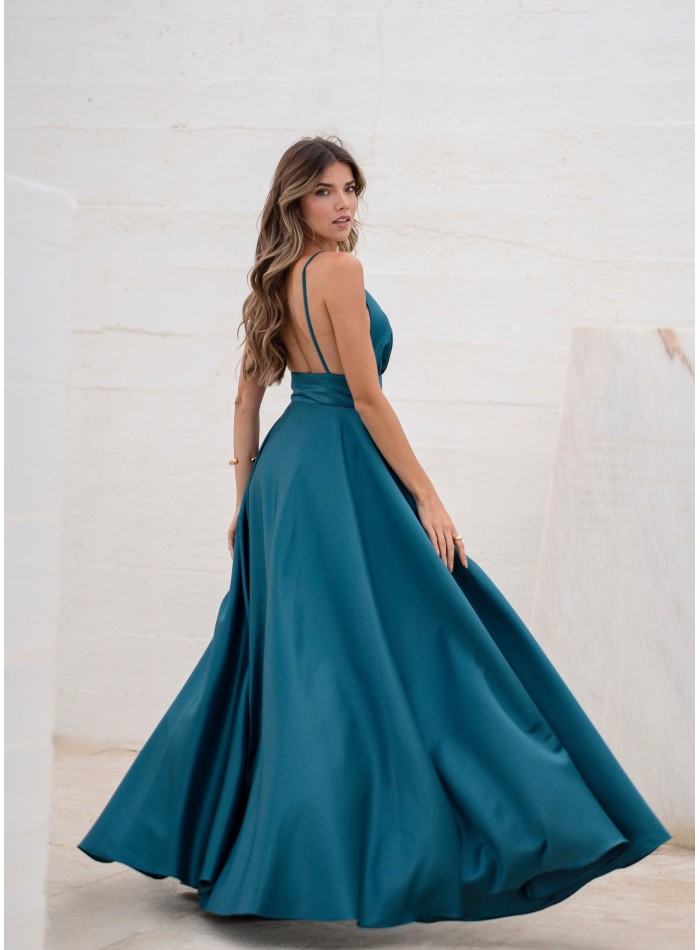 Turquoise princess cut dress with plunging...