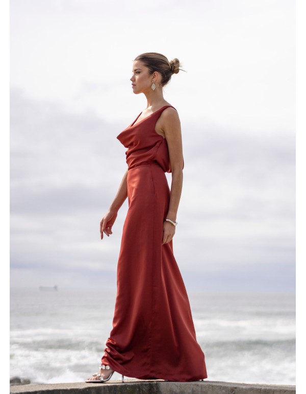 Terracotta long party dress with draped neckline 2