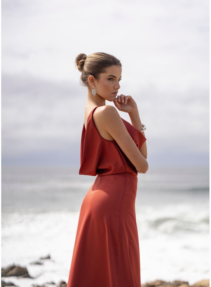 Terracotta long party dress with draped neckline