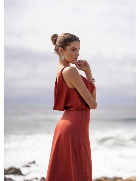 Terracotta long party dress with draped neckline
