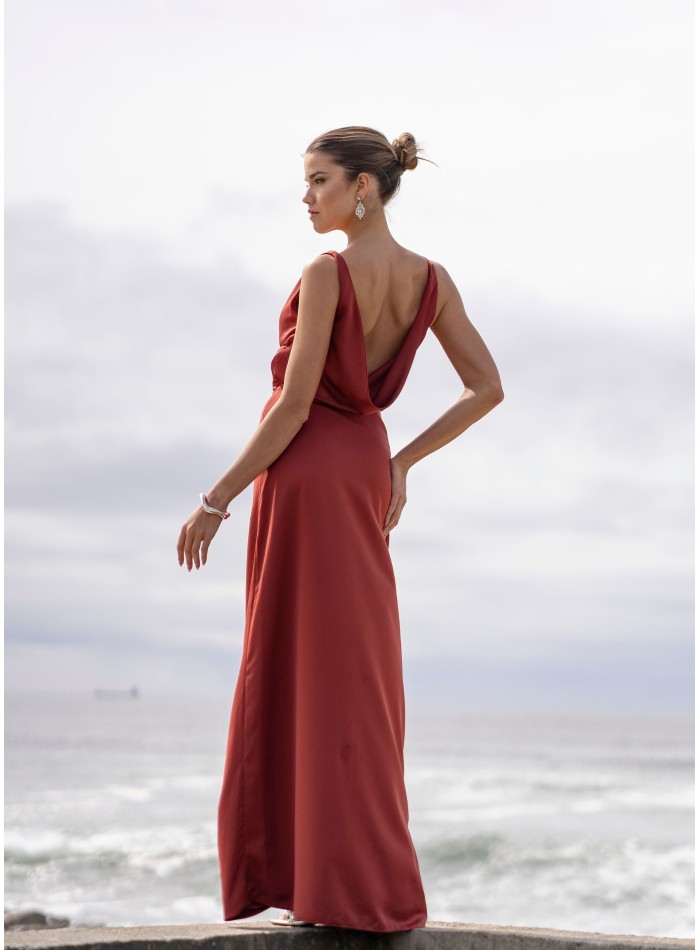 Terracotta long party dress with draped neckline
