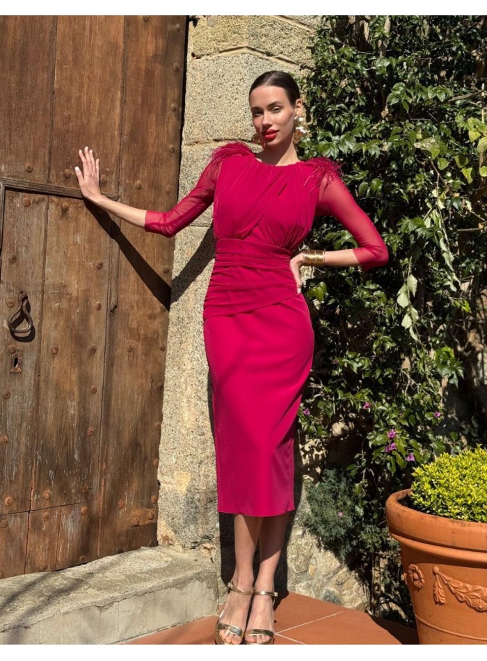 Vestido midi drapeado con manga francesa para invitada boda de día