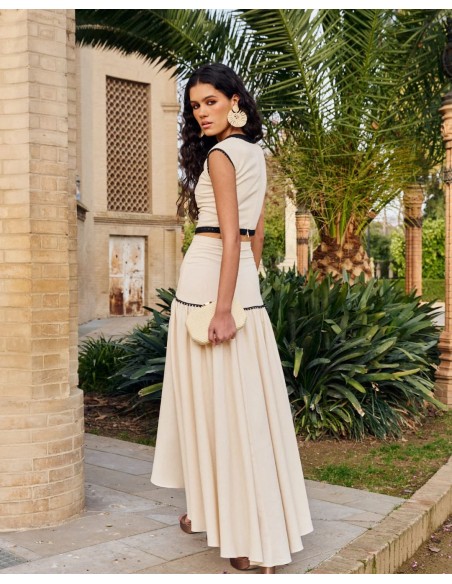 Jupe longue en lin beige et noir