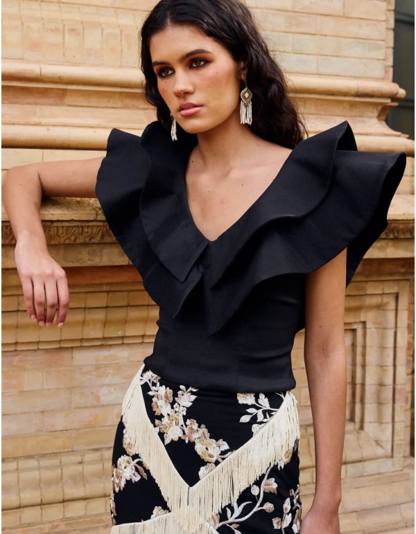 Top de fiesta con escote pico y manga volante