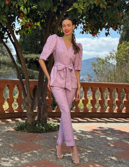 Conjunto de top y pantalón con manga abullonada para bautizo