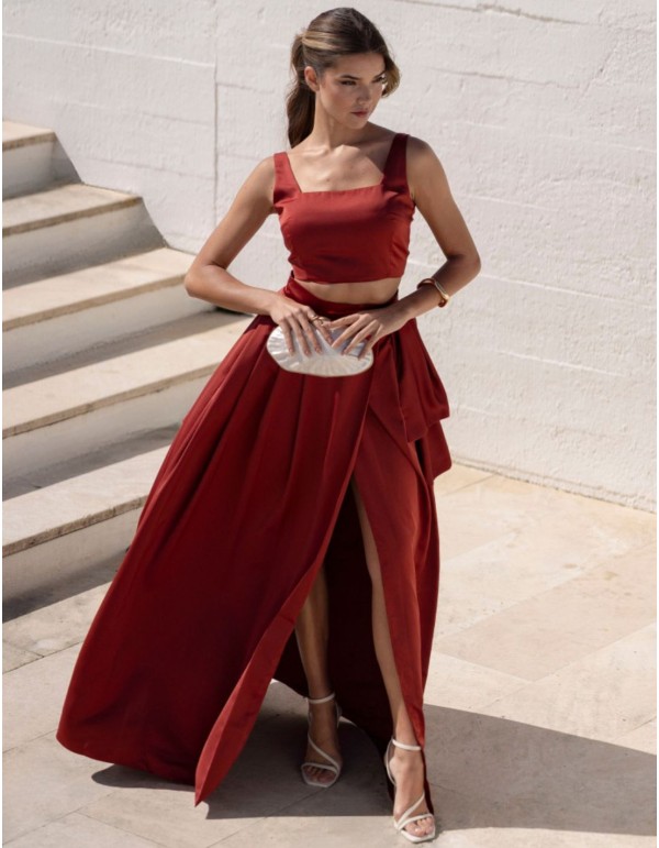 Terracotta long skirt with pockets and invisible zipper