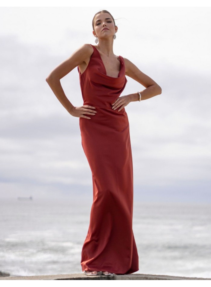 Terracotta long party dress with draped neckline