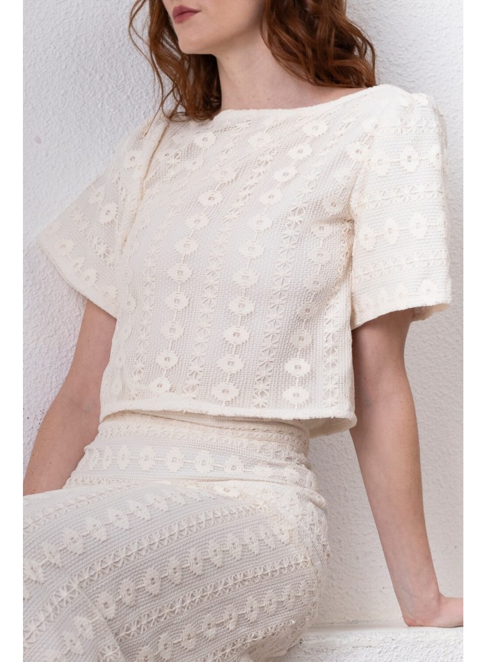 Top marfil de macramé con manga corta para bautizos