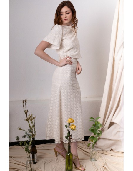Falda midi evasé de macramé marfil para mama de comunion
