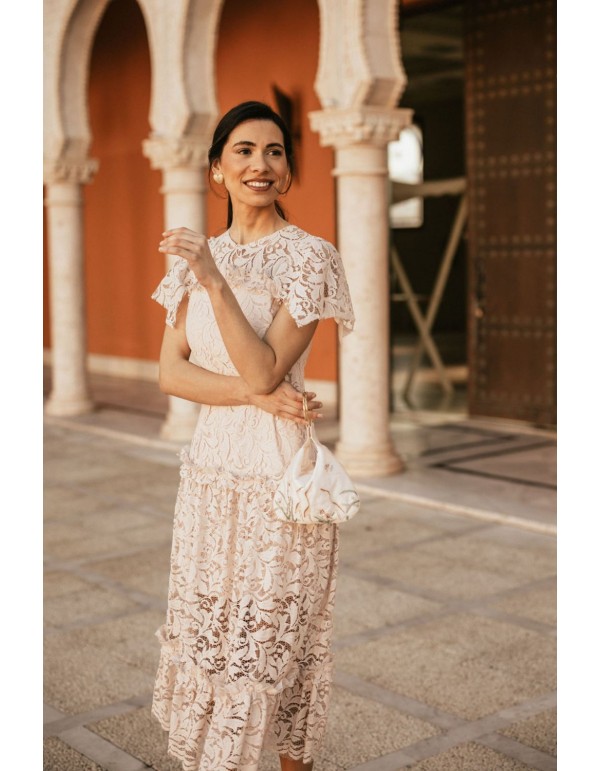 Pearl pink midi lace midi dress with ruffles 2