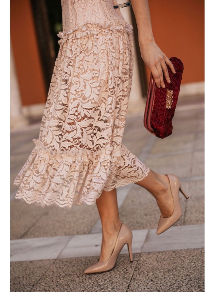 Vestido rosa perla de encaje midi con volantes para bautizos