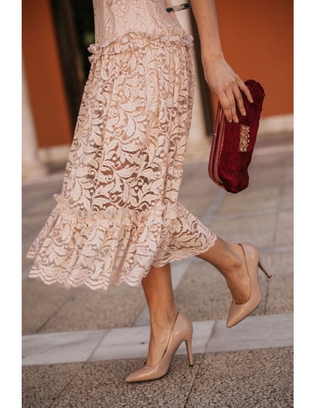 Vestido rosa perla de encaje midi con volantes para bautizos