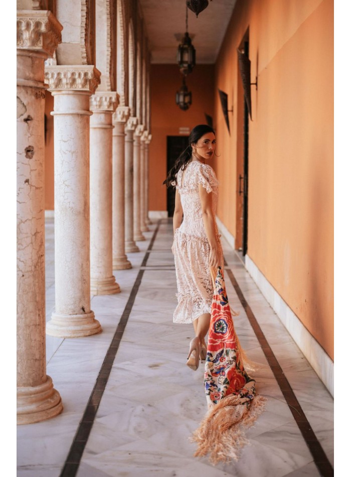 Pearl pink midi lace midi dress with ruffles