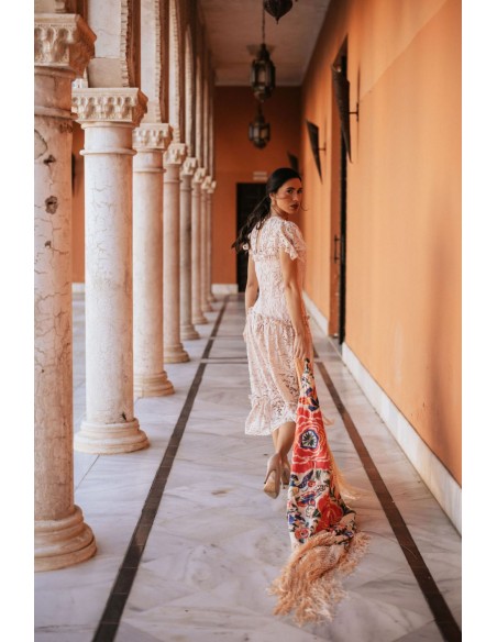 Pearl pink midi lace midi dress with ruffles