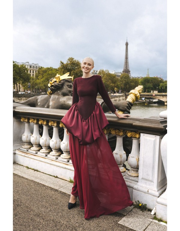 Long burgundy dress with detachable chiffon skirt 2