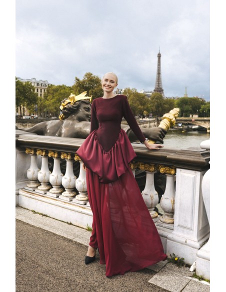 Long burgundy dress with detachable chiffon skirt
