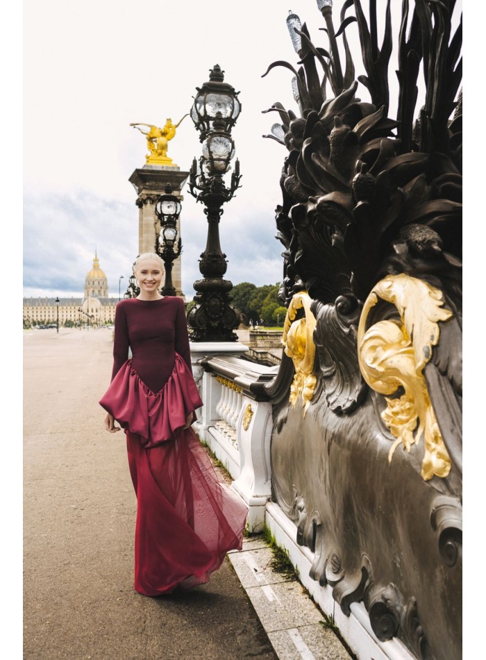 Long burgundy dress with detachable chiffon skirt
