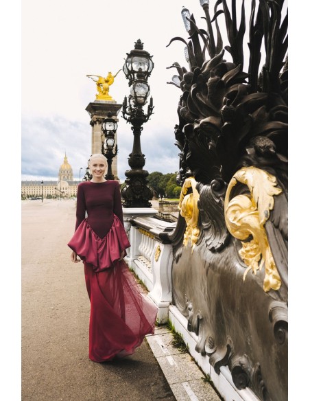 Long burgundy dress with detachable chiffon skirt