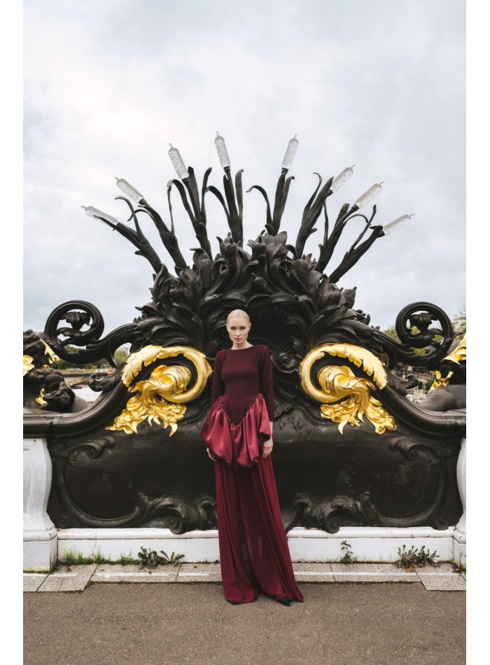 Long burgundy dress with detachable chiffon skirt