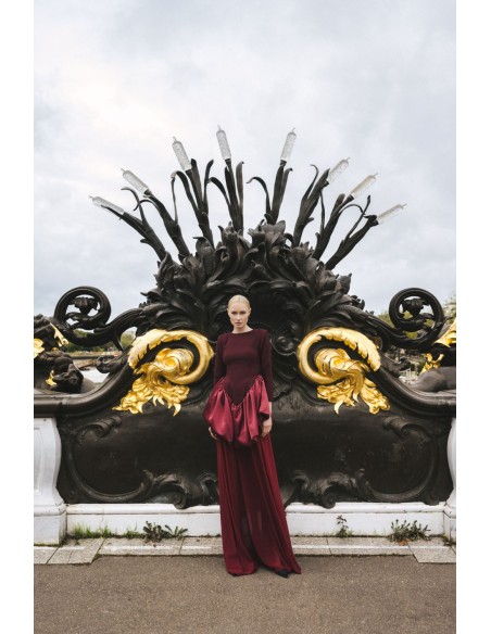 Long burgundy dress with detachable chiffon skirt