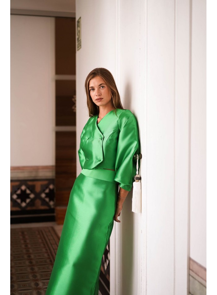 Straight midi skirt in green mikado with back slit