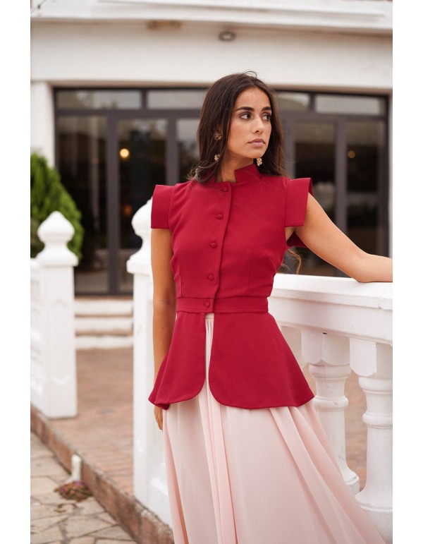 Red button-down vest with ruffle waistband