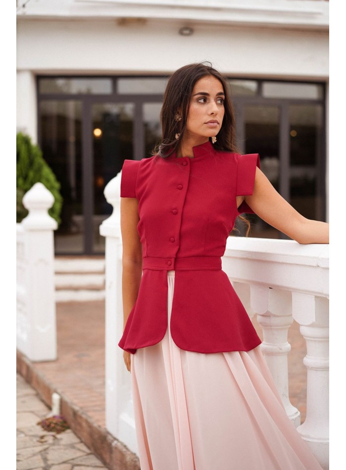 Red button-down vest with ruffle waistband