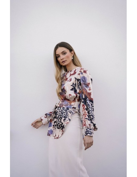 Printed blouse-type top with asymmetrical hem and lacing