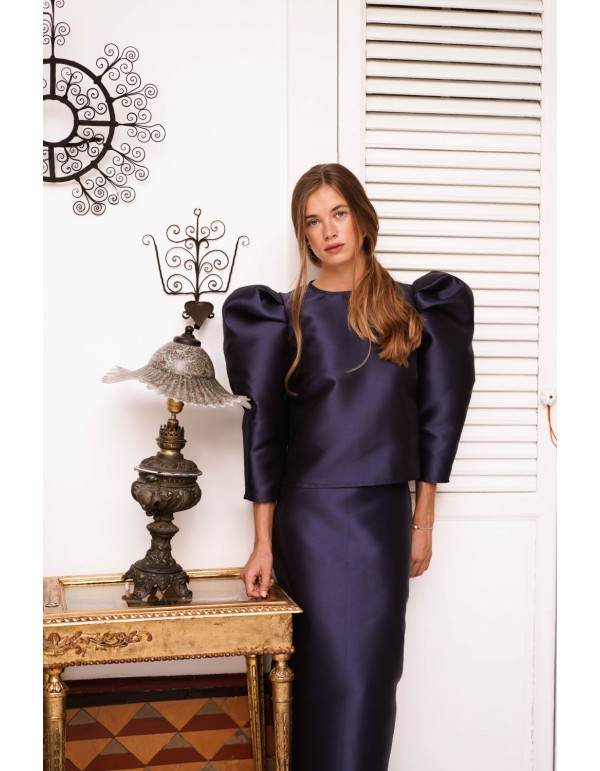 Navy blue mikado top with puffed sleeves 2
