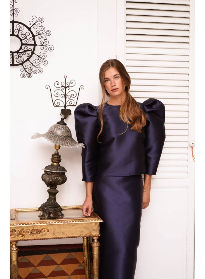 Navy blue mikado top with puffed sleeves