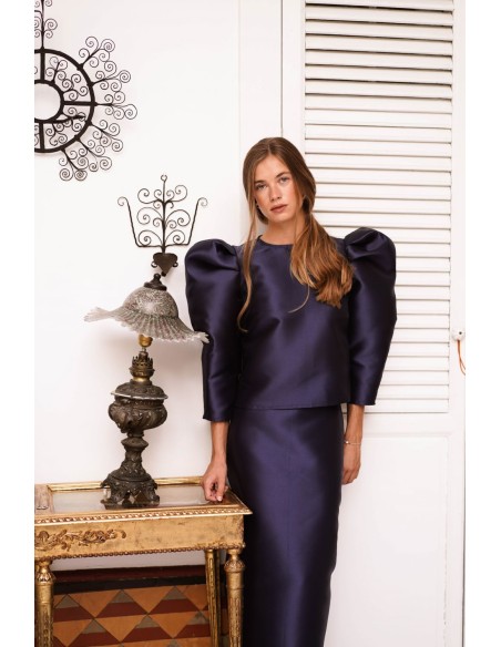 Navy blue mikado top with puffed sleeves