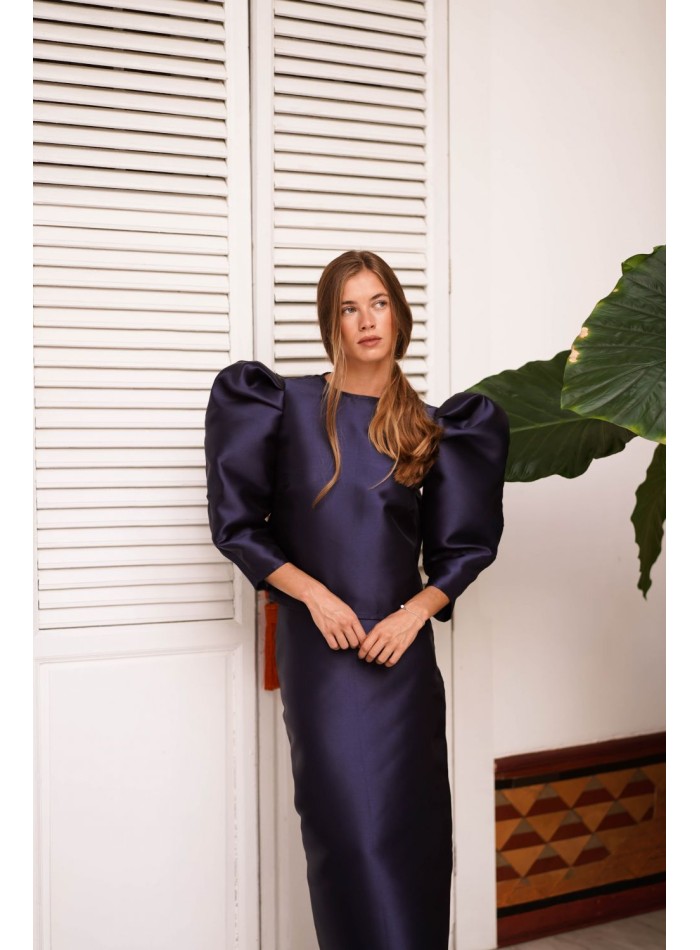 Navy blue mikado top with puffed sleeves