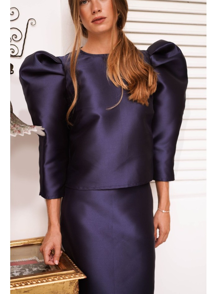 Navy blue mikado top with puffed sleeves